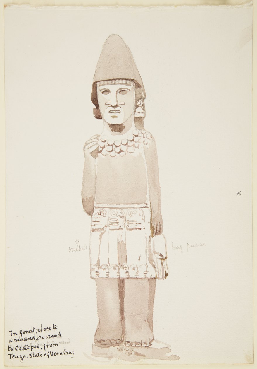 Statue fra Teayo, nord i Veracruz, Mexico Viser steinstatue med mannsfigur iført kilt (akvarell) av Adela Breton