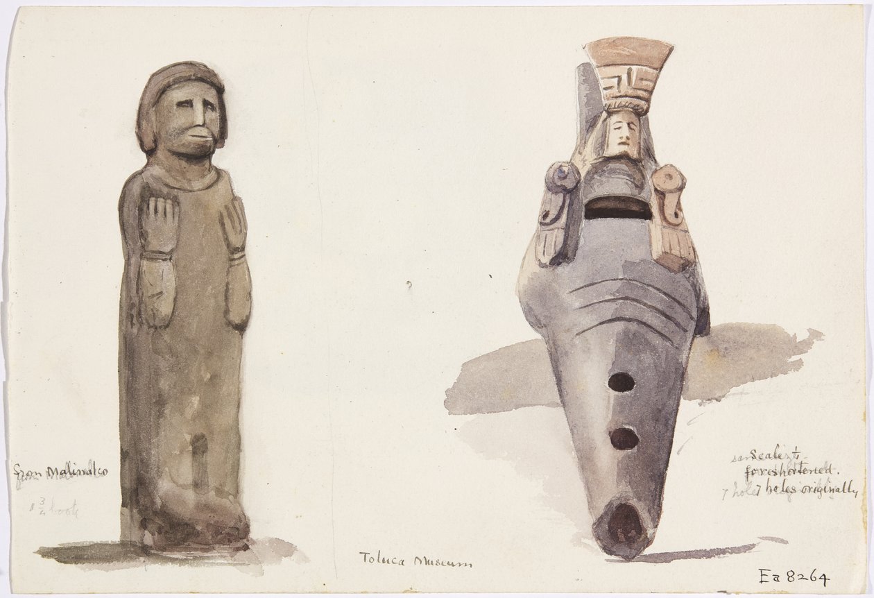 Steinfigurer fra Malinalco, Toluca, Mexico (akvarell) av Adela Breton
