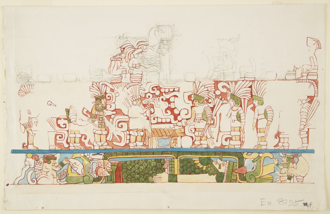 Steinrelieff fra sentrum av nordmuren, nordbygning C, ballbane, Chichen Itza, Mexico (akvarell) av Adela Breton