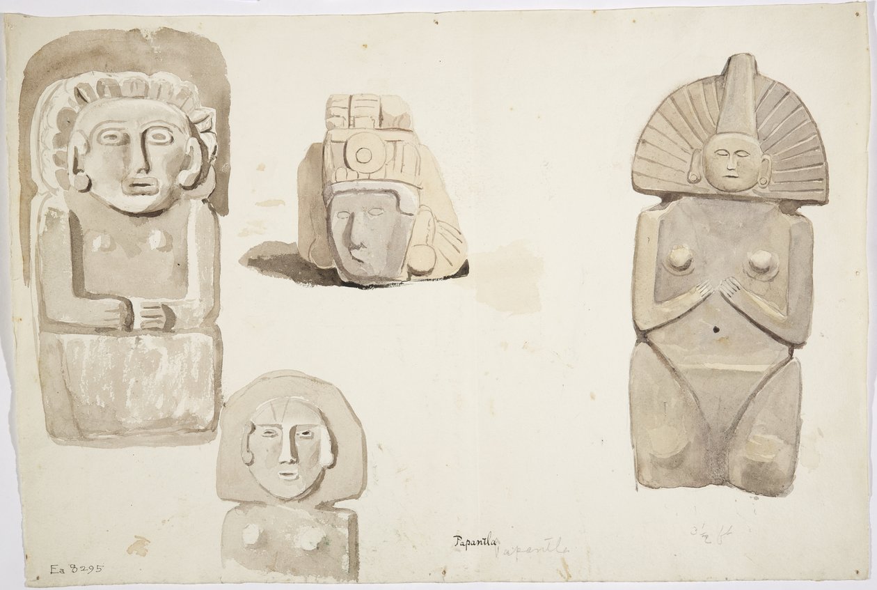 Steinstatuer fra Papantla, Mexico (akvarell) av Adela Breton