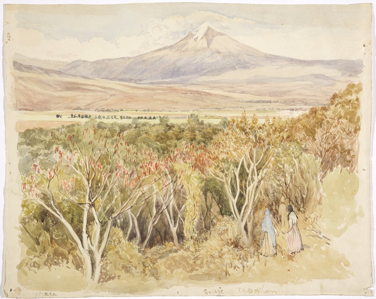 Vulkanen Popocatépetl fra Yautepec, Morelos State, Mexico (akvarell og grafitt) av Adela Breton