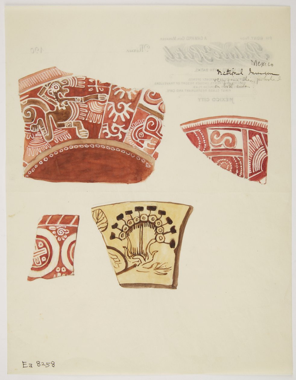 Tre fragmenter av rødt keramikk med design, inkludert en løpende dragelignende figur i hvitt, og ett fragment av buff keramikk med design i brunt (akvarell) av Adela Breton