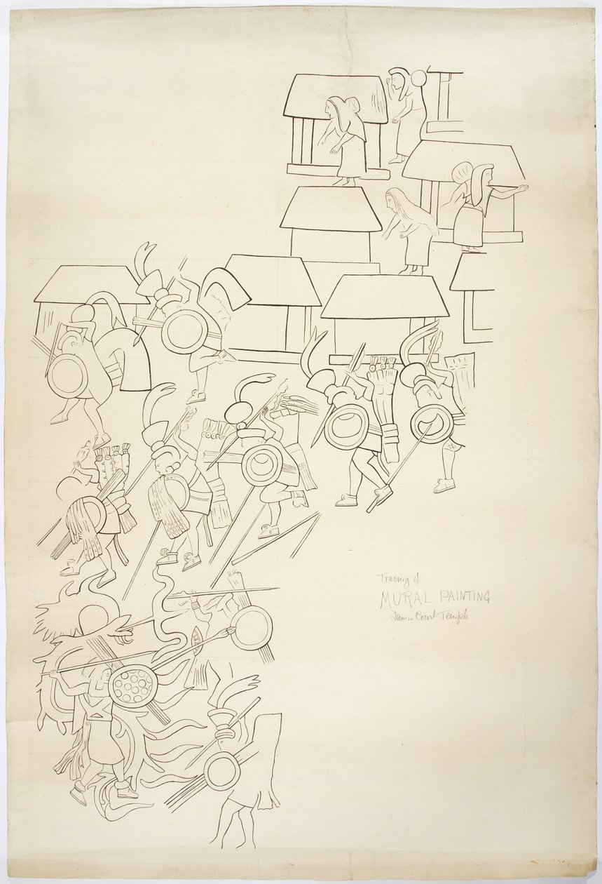 Sporing av et veggmaleri fra vestmuren, Upper Temple of the Jaguars, Chichen Itza, Mexico Tracing er blekk over (svart blekk og grafitt) av Adela Breton