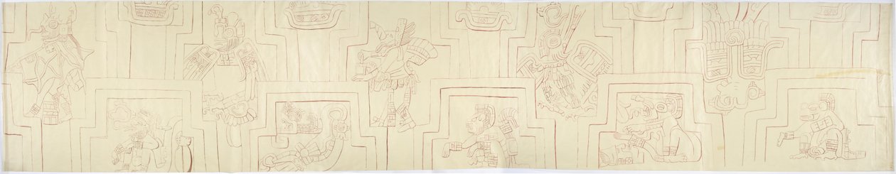 Sporing av et malt relieff Fra malte stukkaturrelieffer fra fasaden til en haug eller pyramide i Acanceh, Mexico av Adela Breton
