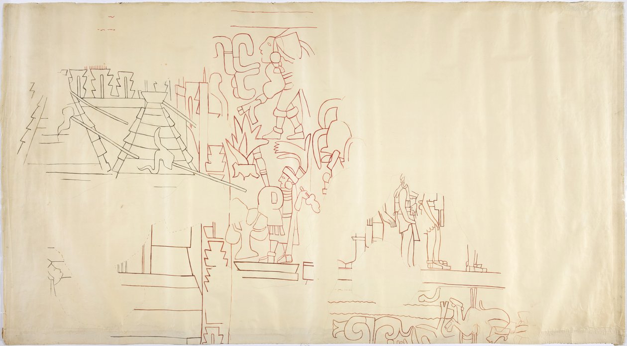 Sporing av et veggmaleri fra Casa de Monjas, Chichen Itza, Mexico Sporet og blekket med svart og rødt blekk (rødt og svart blekk og grafitt) av Adela Breton