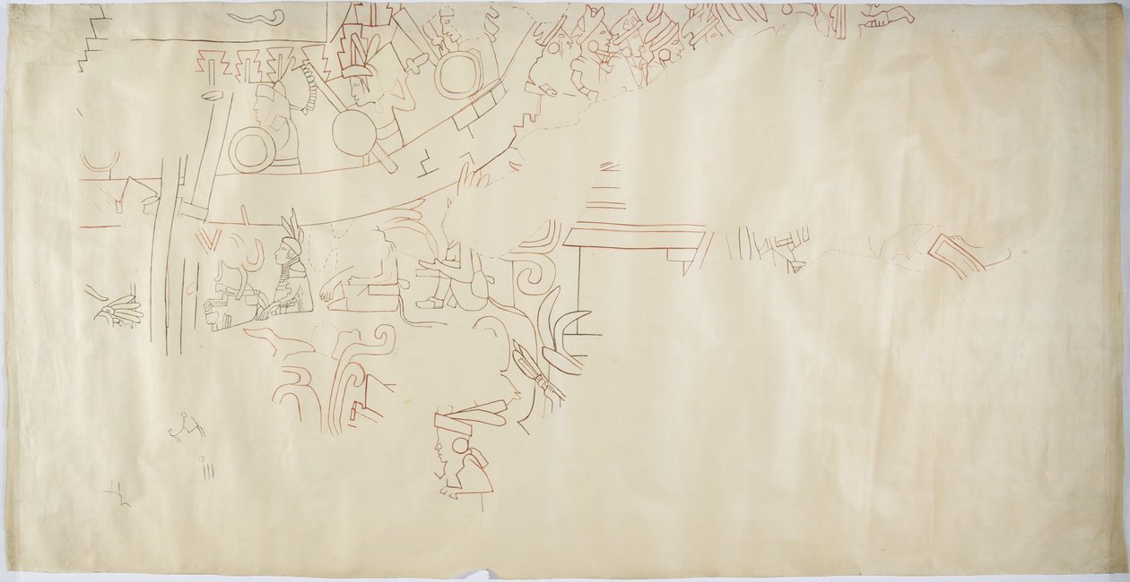 Sporing av et veggmaleri fra Casa de Monjas, Chichen Itza, Mexico hvelv i stort kammer (rødt, svart og brunt blekk og grafitt) av Adela Breton