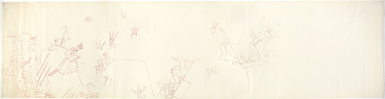 Sporing av et veggmaleri fra østveggen, Upper Temple of the Jaguars, Chichen Itza, Mexico (rødt blekk &   grafitt) av Adela Breton