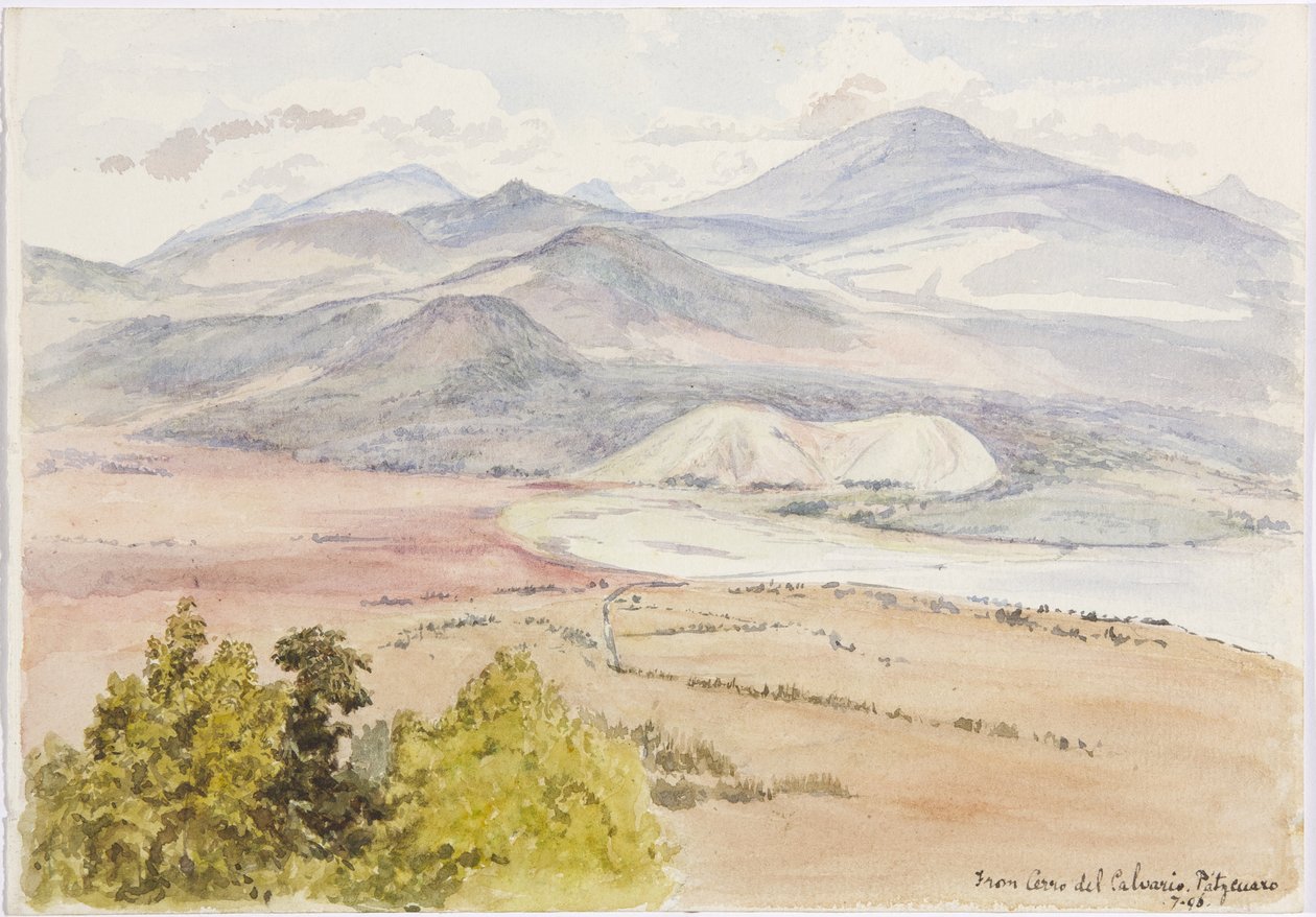 Utsikt fra Cerro del Calvario, Patzcuaxo på den ene siden av papiret og på den andre er en utsikt over den gamle festningen og steinhaugene, Iguatcho fra Cerro del Calvario, Patzcuaro, Michoacan, Mexico (akvarell) av Adela Breton