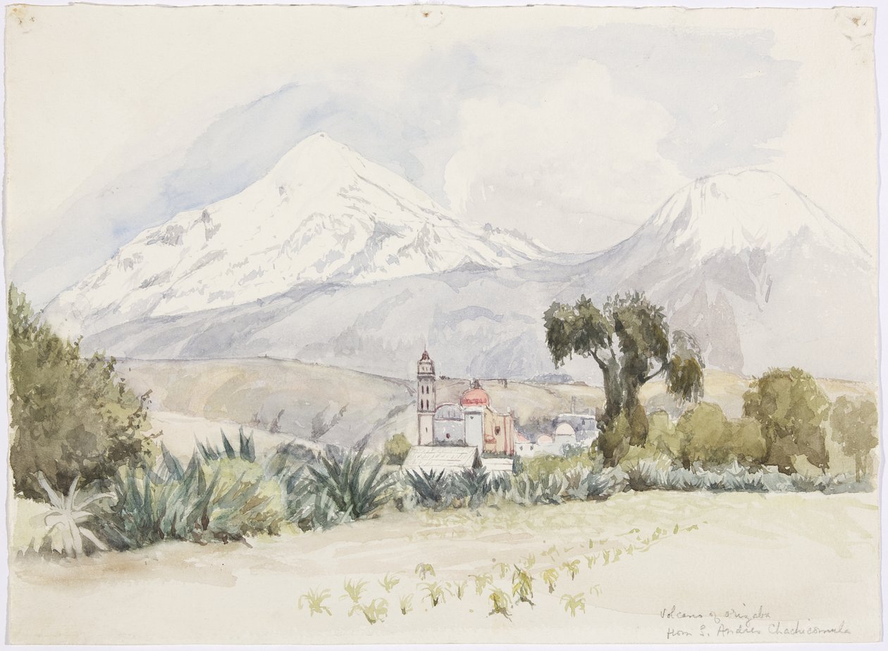 Volcano of Orizaba fra San Andrés, Chalchicomula (akvarell) av Adela Breton