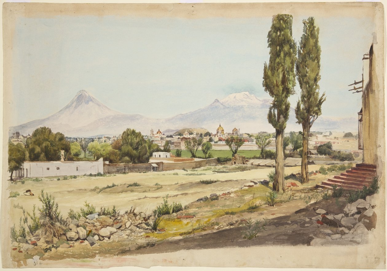 Vulkaner Popocatépetl og Iztaccihuatl vulkaner, Puebla, Mexico (akvarell) av Adela Breton