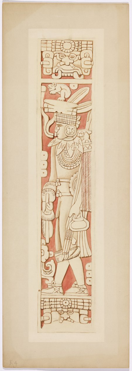 Krigerfigur på dørkarmene mellom det indre og ytre kammeret til Upper Temple of the Jaguars (akvarell) av Adela Breton