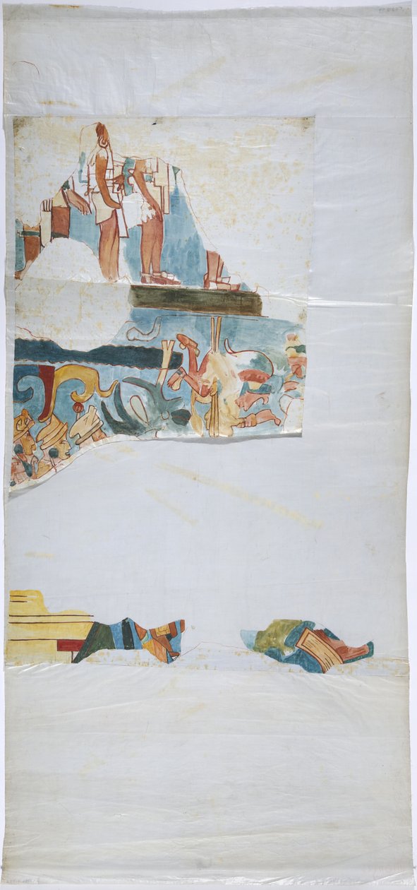 Akvarell på linpapir Sporing av veggmaleri fra et hvelv i et stort kammer, Casa de Monjas, Chichen Itza, Mexico (akvarell og kroppsfarge) av Adela Breton