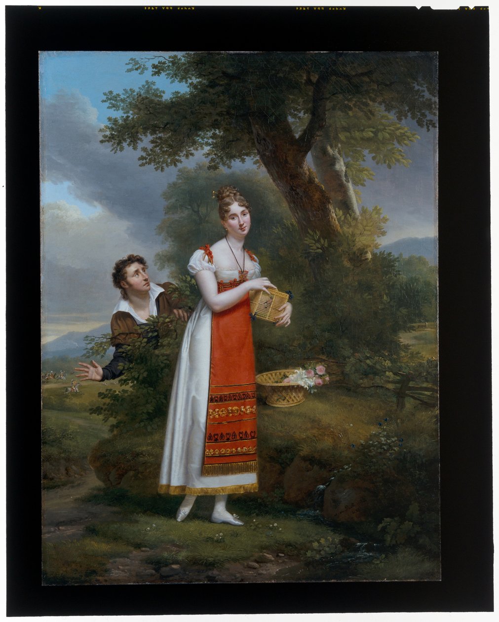 Dame som holder et fuglebur overrasket av en mann, en hjortjakt bortenfor av Adele Romany