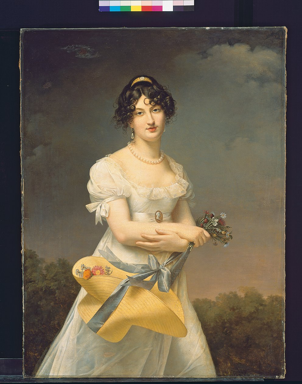 Portrett av Amélie-Justine Laidin de la Bouterie, født Pontois, med en hatt fylt med blomster av Adele Romany
