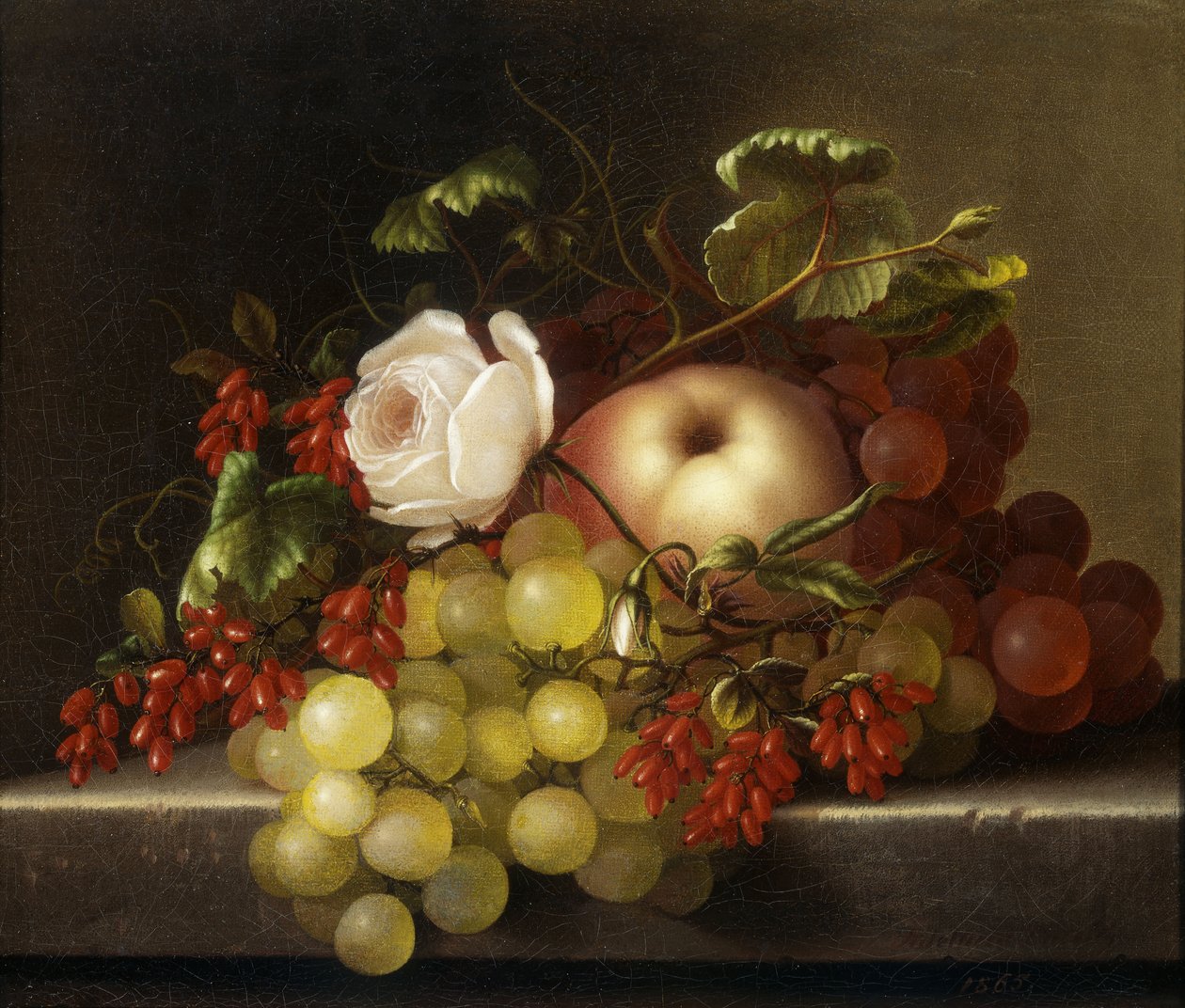 Stilleben med fersken, druer og nyper, 1865 av Adelheid Dietrich