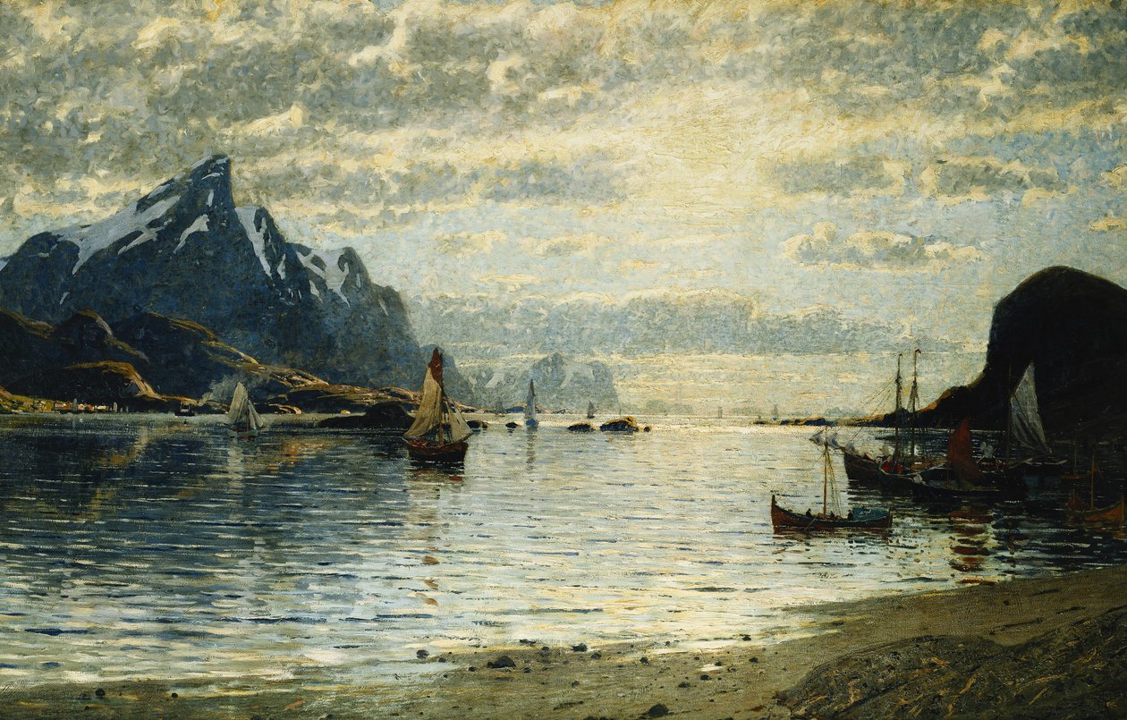 En fjordscene med seilfartøy, av Adelsteen Normann