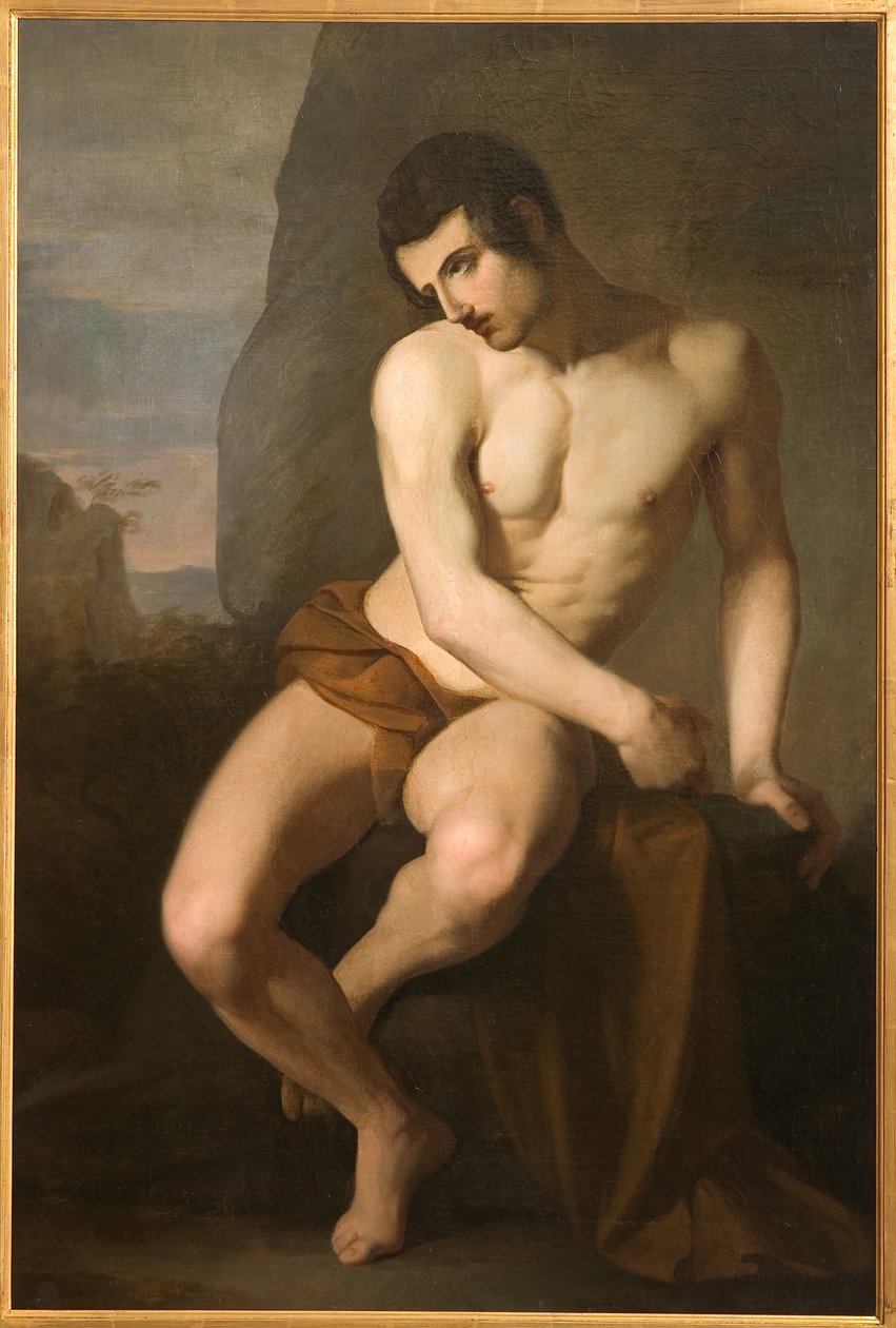 Mannlig naken (Prometheus) (olje på lerret) av Adeodato Malatesta or Malatesti