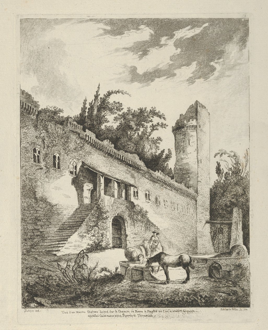 Utsikt over et gammelt slott på vei fra Roma til Napoli fra Differentes vue..., 1700-tallet. av Adélaide Allou