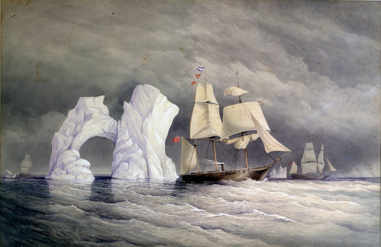 De britiske skipene Phoenix, Talbot og Diligence krysser et isfjell (arktiske Canada). Akvarell (58x88 cm), av Edward Augustus Inglefield (1820–1894) av Admiral Edward Augustus Inglefield