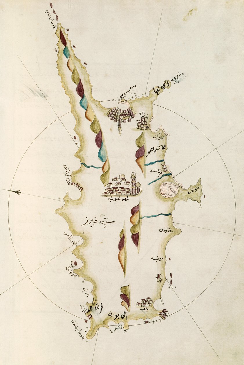 Kart over øya Kypros, illustrasjon fra Portolano-atlas, av admiral Piri Reis (1465-1470 - 1553-1554) av Admiral Piri Reis