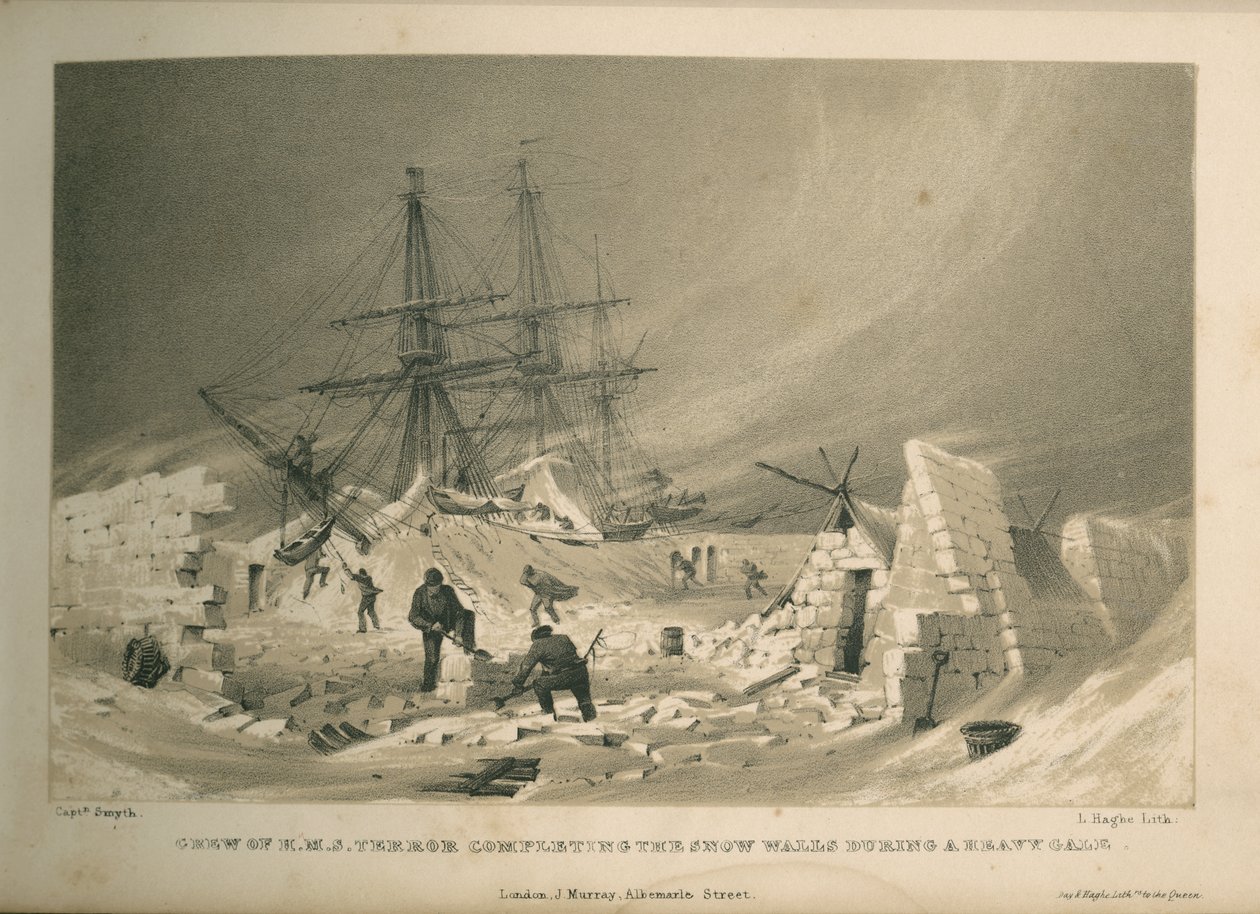 Mannskapet på HMS Terror fullfører snøveggene under kraftig kuling av Admiral William Henry Smyth