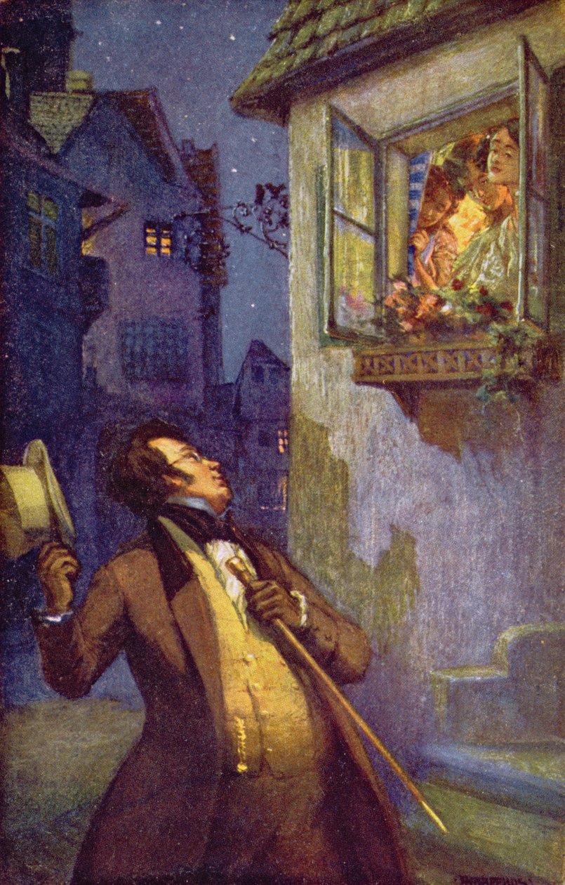 Wienerpostkort som viser Franz Peter Schubert (1796-1828) som hilser på de tre Tschoell-søstrene, ca. 1910 av Adolf Karpellus
