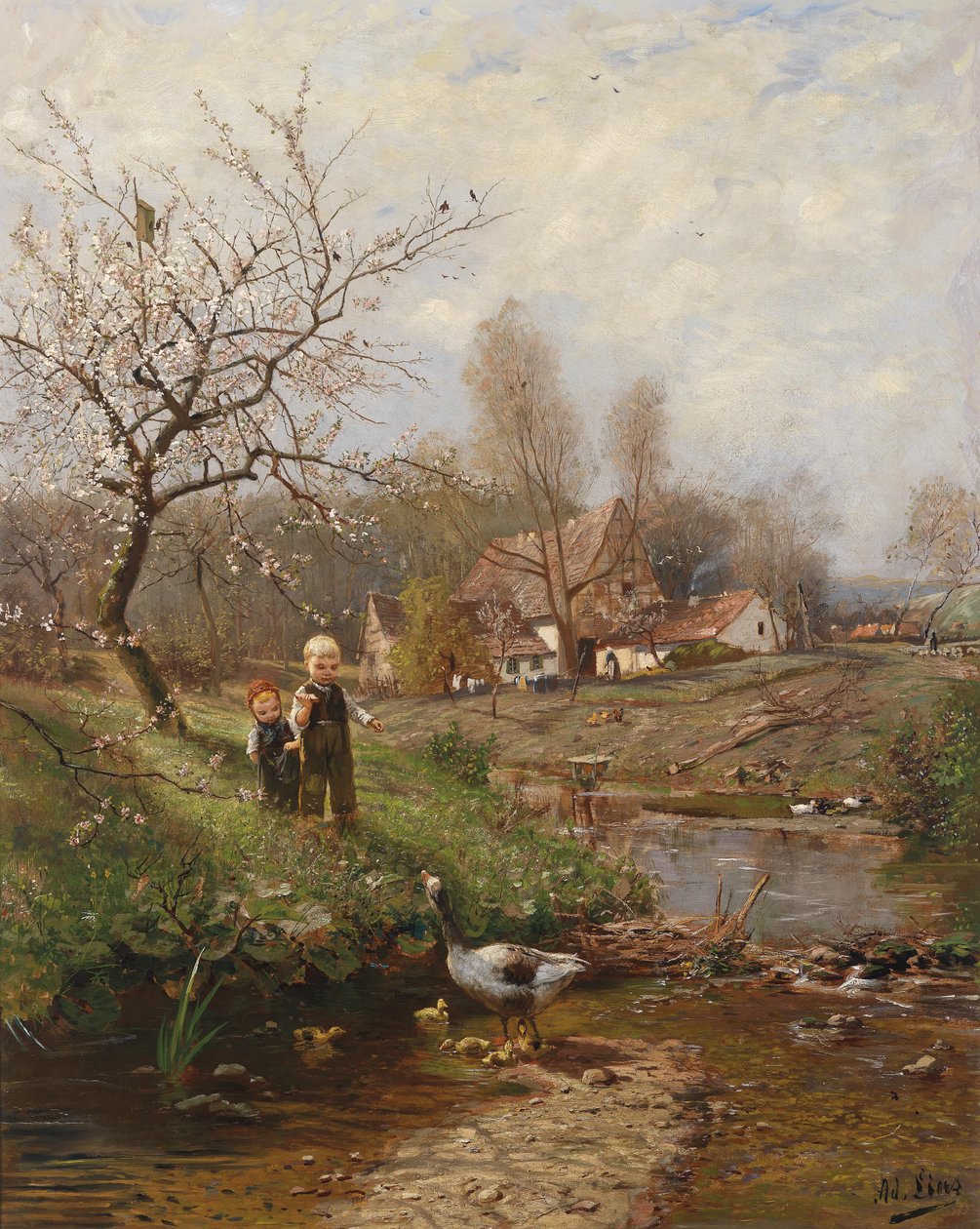 Vårlandskap med to barn og gjess av Adolf Lins