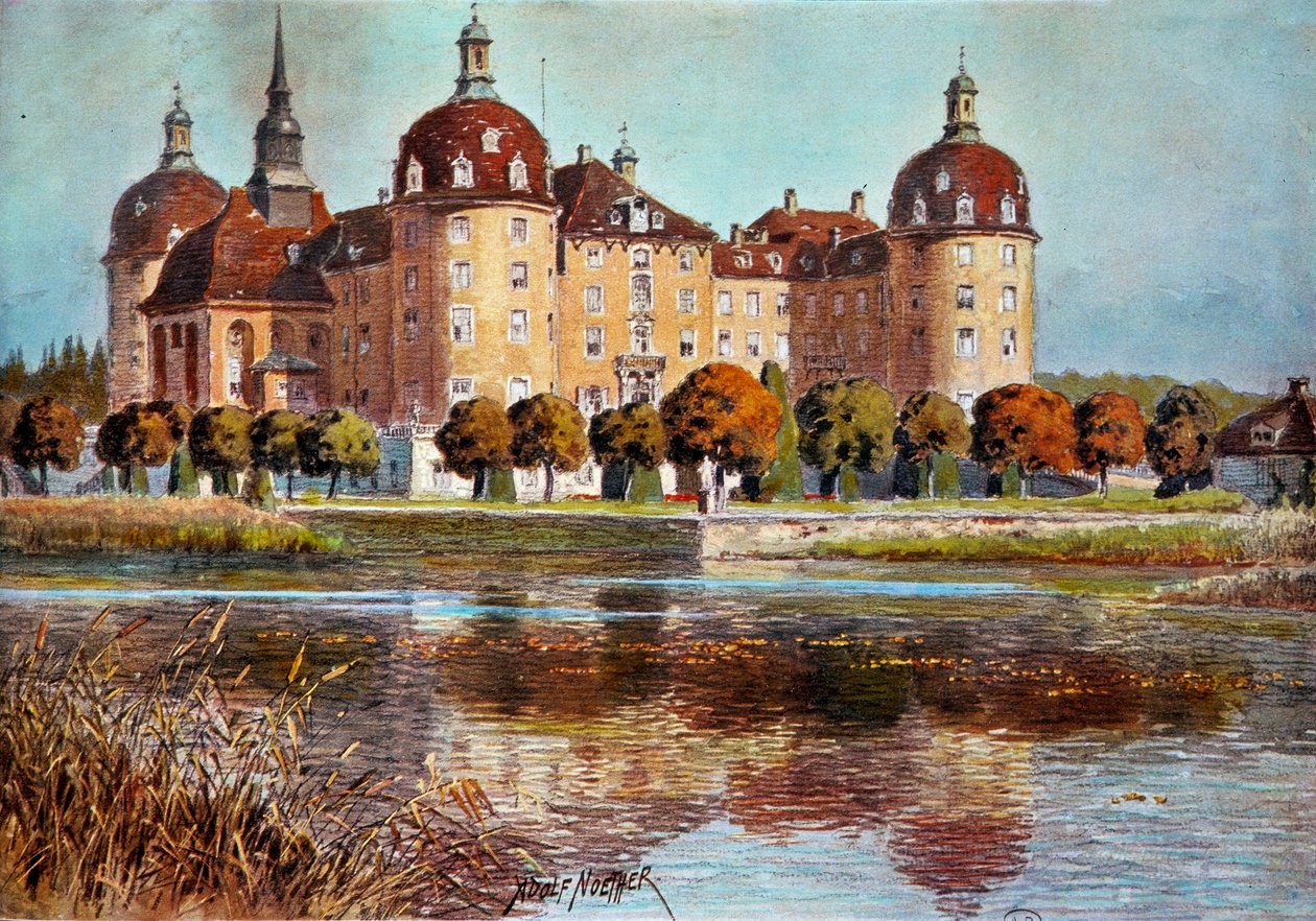 Utsikt over slottet Moritzbourg Trykk av Adolphe Nother (1855-?) Paris fra 1800-tallet, dekorativ kunst av Adolf Noether