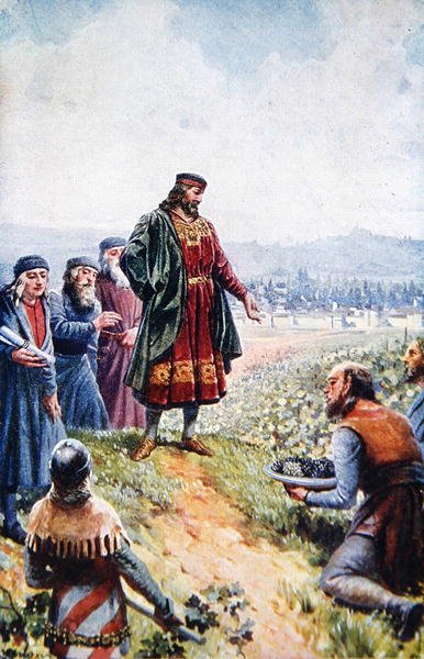Charles IV inspiserer druer under sin oppmuntring til vinproduksjon i Böhmen, tidlig på det tjuende århundre (farge litho) av Adolf (after) Liebscher