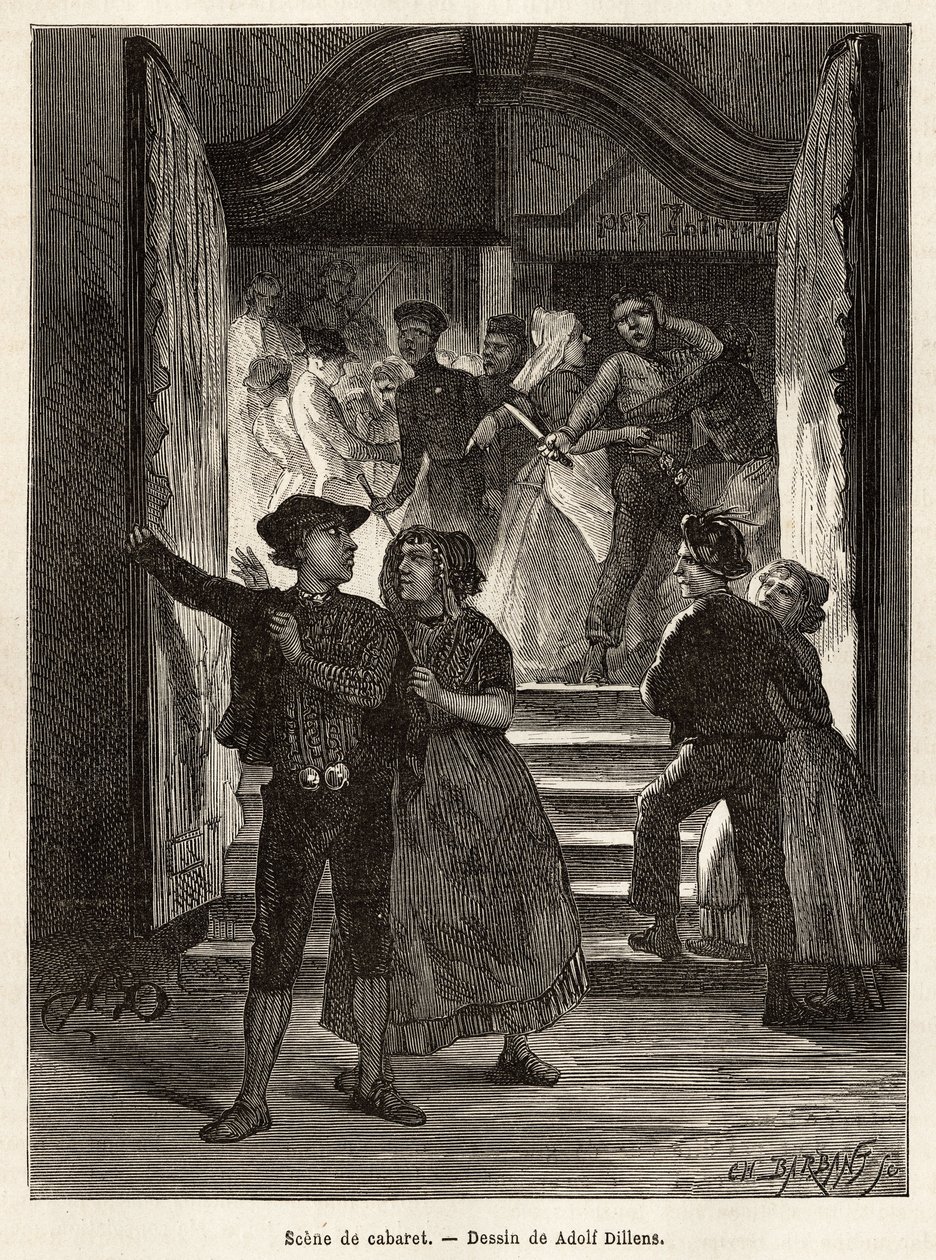 En kabaretscene, et par forlater scenen, mens en mann truer dem med en kniv, holdt av to kvinner; mens et annet par møter dem når de går inn i kabareten, graverer etter tegningen av Adolf Dillens, illustrerer en reise til Zelande (Neerlande), av Adolf Alexander Dillens