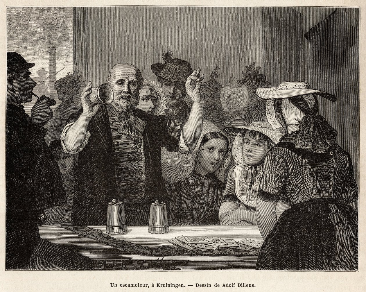 En retraktor, på et vertshus i Kruiningen, lager nummeret sitt foran oppmerksomme tilskuere, gravert etter tegningen av Adolf Dillens, som illustrerer en reise til Zelande (Neerlande), i 1873, av Charles de Coster, publisert i "Le tour du monde ” 1874, red av Adolf Alexander Dillens