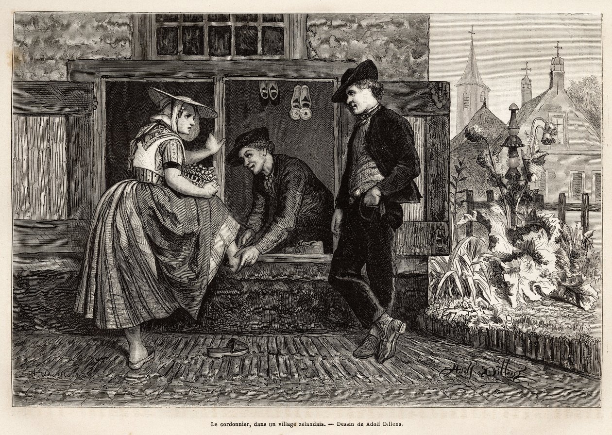 En skomaker i en landsby i Zeland får en ung kvinne til å prøve en sko akkompagnert av en ung mann, gravering etter tegningen av Adolf Dillens, som illustrerer en reise til Zelande (Neerlande), i 1873, av Charles de Coster, publisert i "Le tour du monde» 1 av Adolf Alexander Dillens