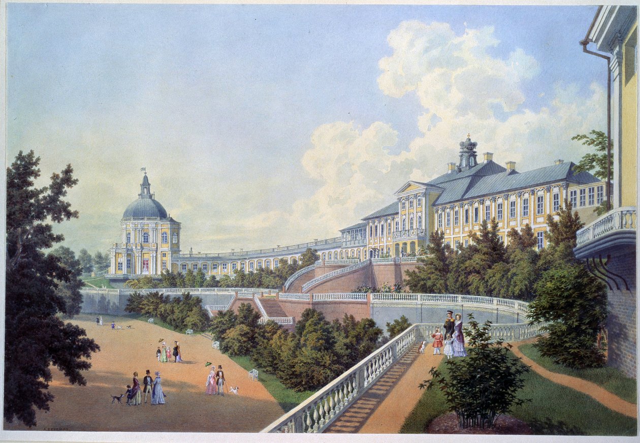 Det store palasset til Oranienbaum (Russlands kongelige residens), som ligger i Lomonossov i tettstedet St. Petersburg (Det store Oranienbaum-palasset). Maleri av Adolf Bezemann (1806-1867). Akvarell på papir av Adolf Besemann