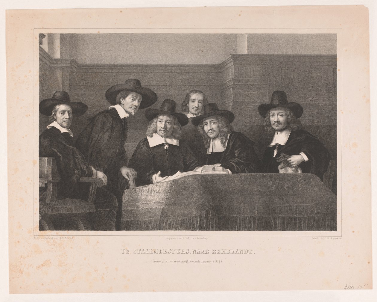 De Staalmeesters: høyskolen for stålmestere (waarijns) til Amsterdams klesmakerlaug De Staalmeesters, etter Rembrandt / Premium plate der Kunstkronijk, Sixteenth Volume (1854) (tittel på objekt) av Adolf Carel Nunnink