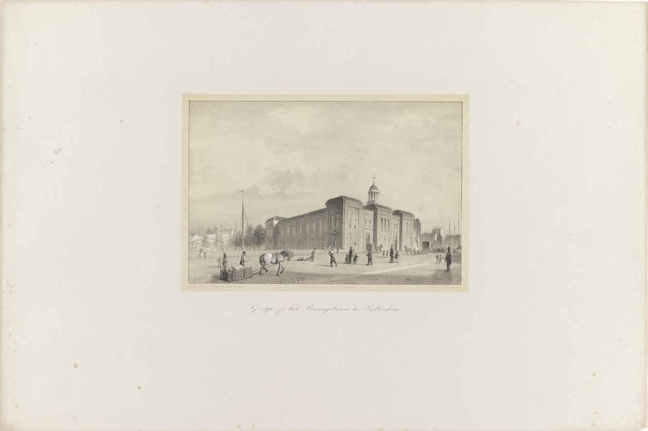 Utsikt over Beursgebouw i Rotterdam, 1854 Utsikt over Beursgebouw i Rotterdam (tittel på objekt) Society for Promotion of Toonkunst, dets musikkfestival og byen Rotterdam. minne om året 1854 (serietittel på objekt) av Adolf Carel Nunnink