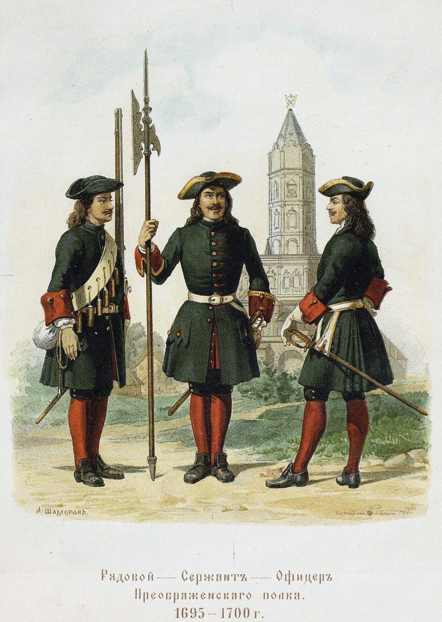Klesuniformer fra Preobrazhensky-regimentet i 1695-1700, 1901-1904 av Adolf Charlemagne