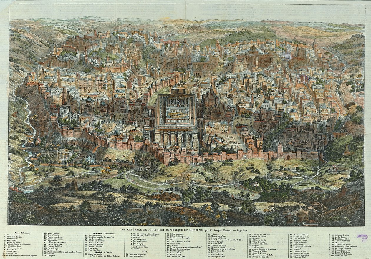 Generelt syn på historiske og moderne Jerusalem. Verk av Adolf Eltzner (1816-1891), litografi ca. 1862. Tysk kunst, kartografi fra 1800-tallet. Privat samling. av Adolf Eltzner