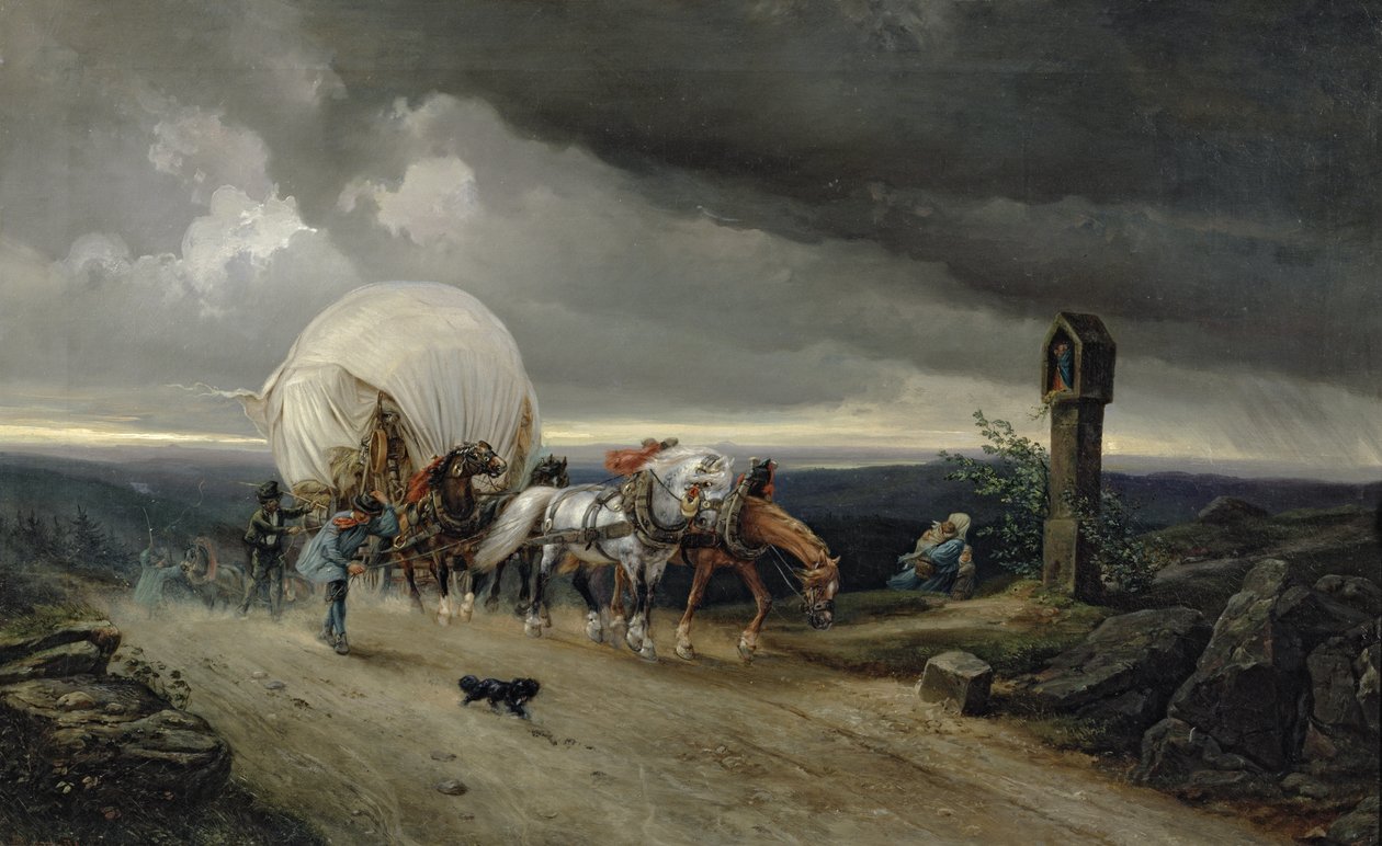 Hester som tegner vogner opp en bakke, 1856 av Adolf Friedrich