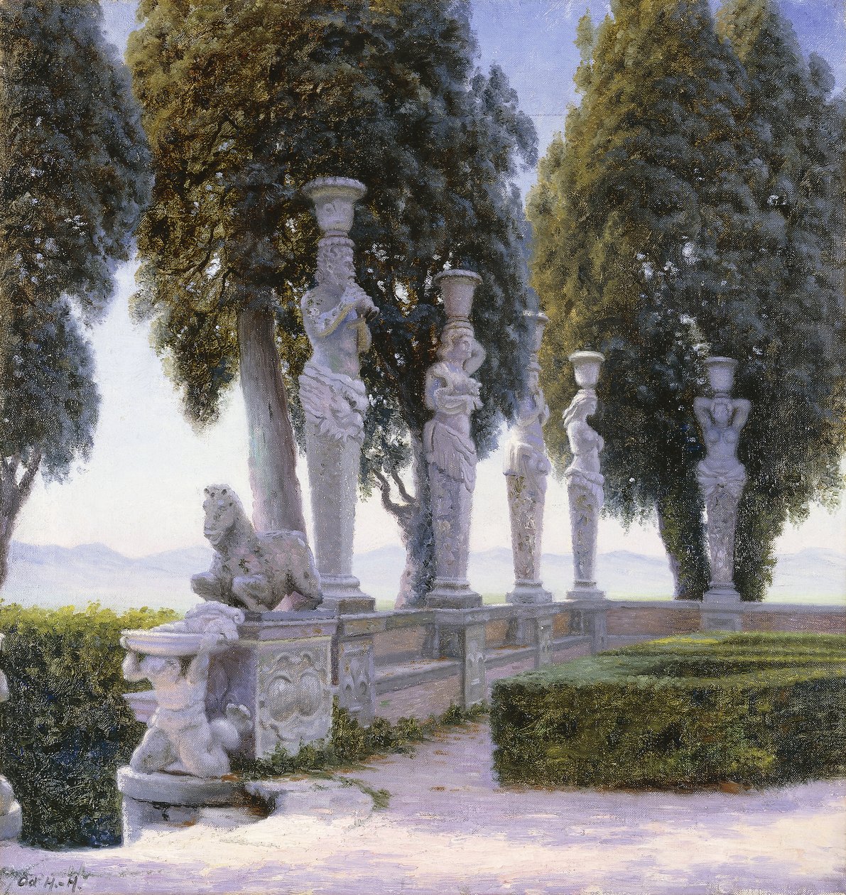 Square med karyatider på eiendommen til Villa Farnese, Caprarola; Piazzale delle Cariatidi i parken Palazzo Farnese i Caprarola av Adolf Heinrich Hansen
