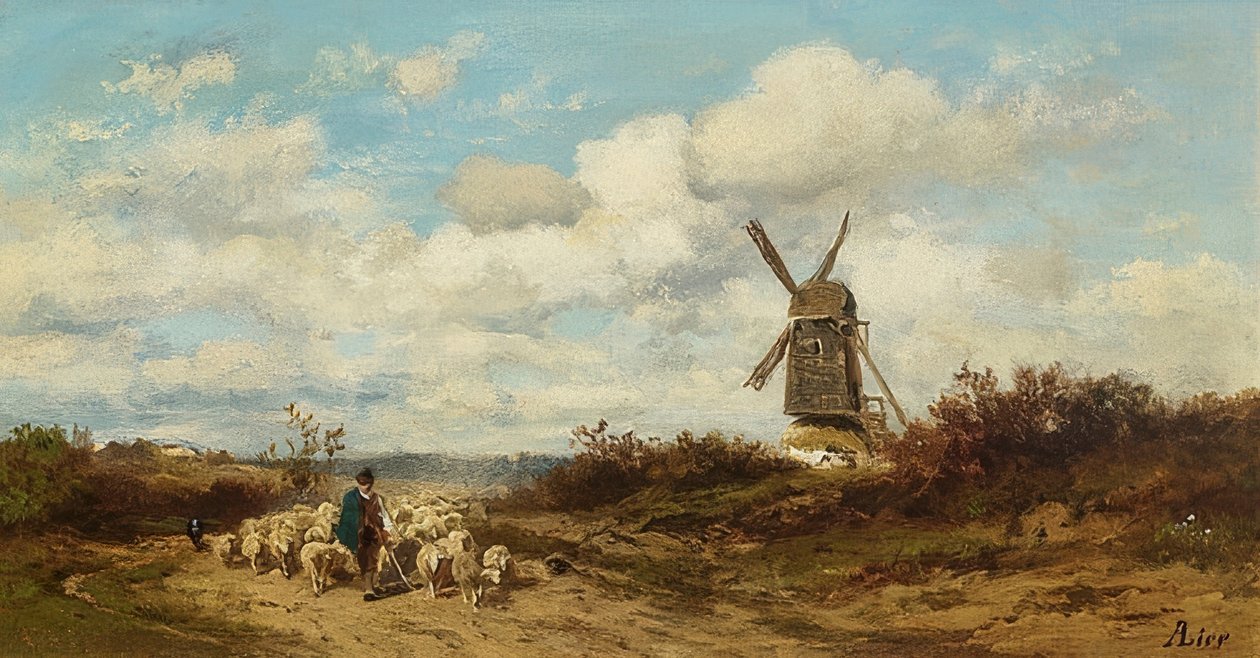 Landskap med vindmølle og gjetere av Adolf Heinrich Lier