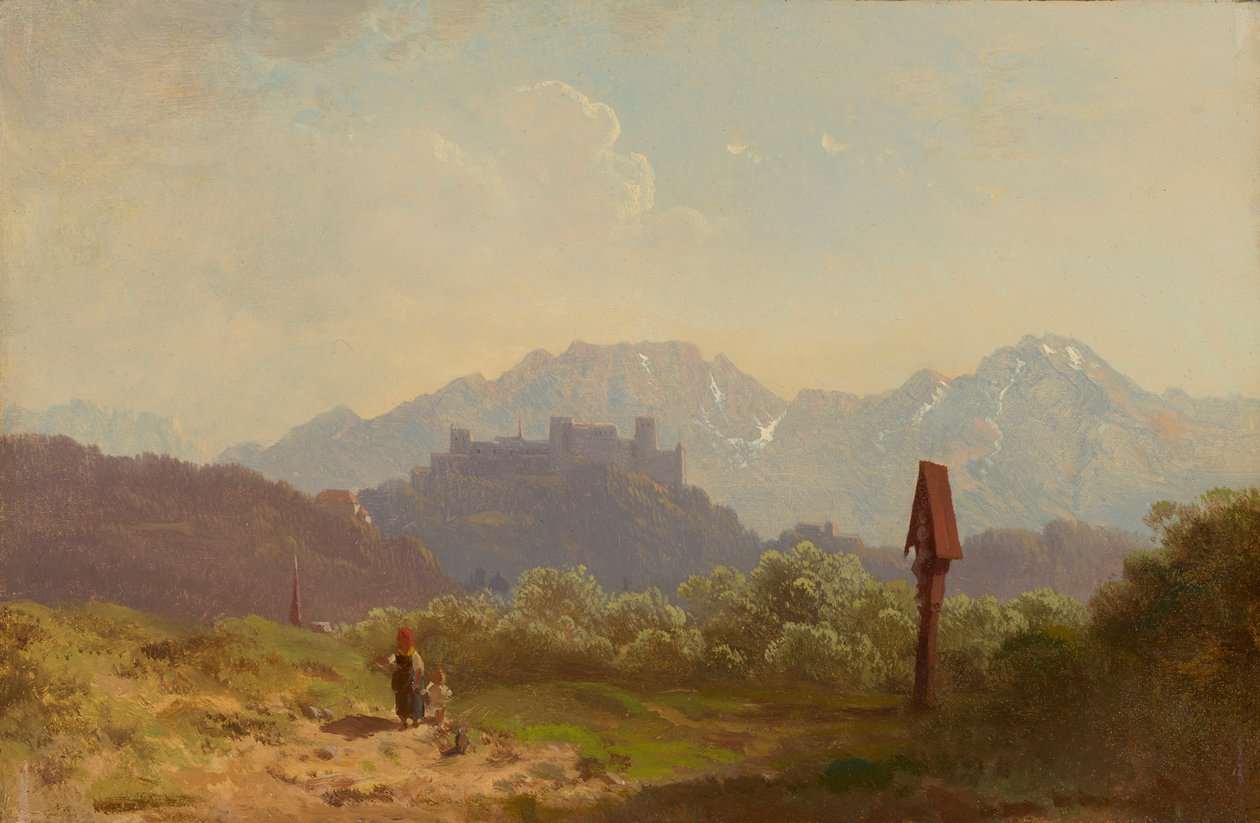 Tomt nær Salzburg med utsikt over Hohensalzburg festning og Untersberg som ruver bak den av Adolf Heinrich Lier