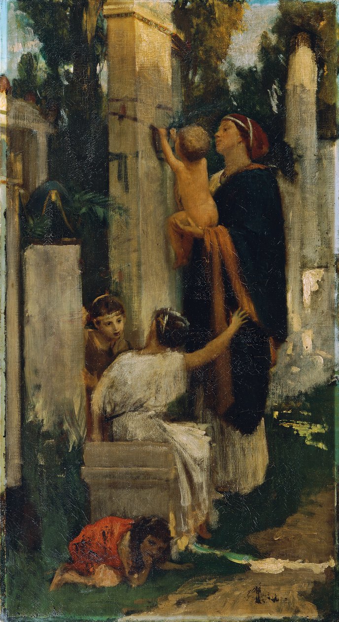 Gammel kirkegårdsscene (kvinne med barn som dekorerer en grav) av Adolf Hiremy Hirschl
