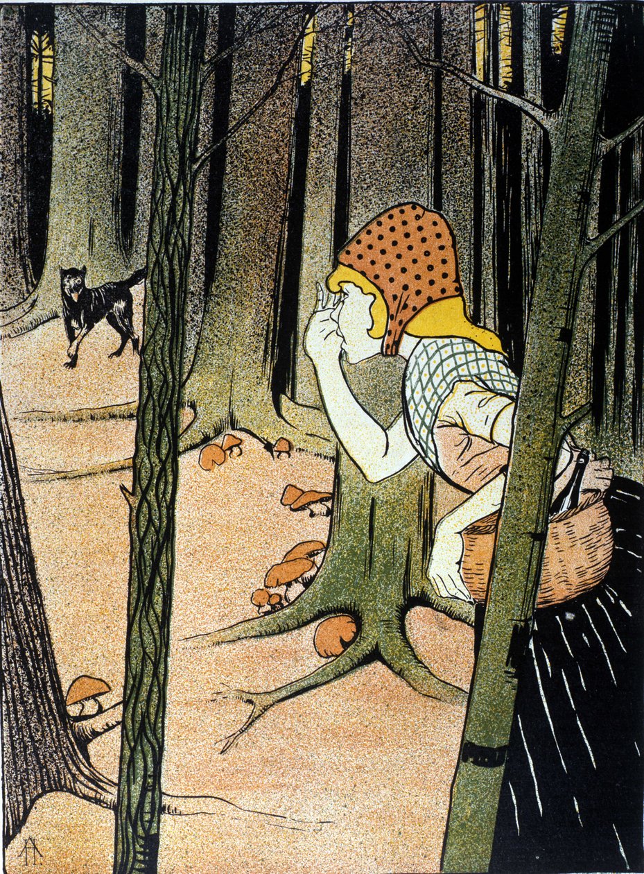 Rødhette. Fortelling om brødrene Jacob Grimm (1785-1863) og Wilhelm Grimm (1786-1859). Illustrasjon av Adolf Hofer av Adolf Hofer