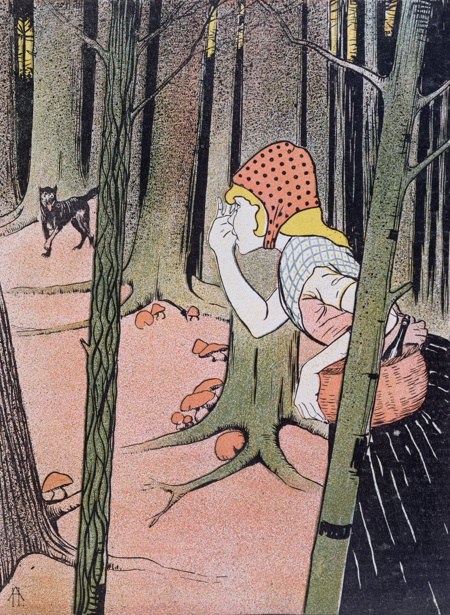 Rødhette ser ulven i skogen, illustrasjon fra Jugend publisert i München 1896 av Adolf Hofer