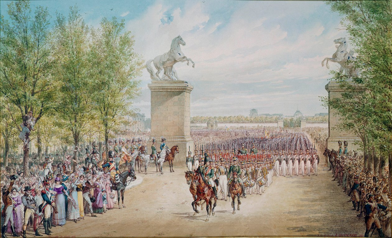 Tsar Alexander I (1777-1825) klatrer opp Champs Elysees med sin hær i Paris i 1814. Maleri av Adolf Charlemagne (1827-1901) av Adolf Jossifowitsch Charlemagne