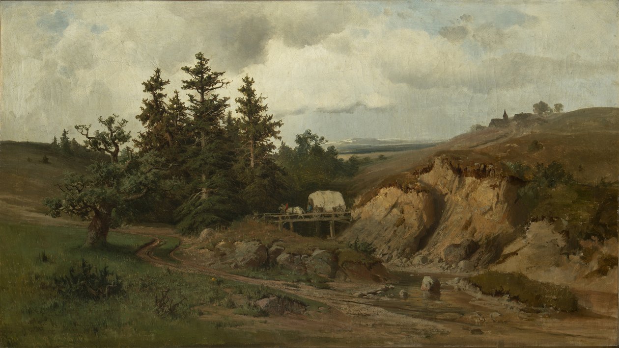 Landskap med en trebro - Landskap med en trebro - Adolf Kosarek (1830-1859). olje på lerret av Adolf Kosárek