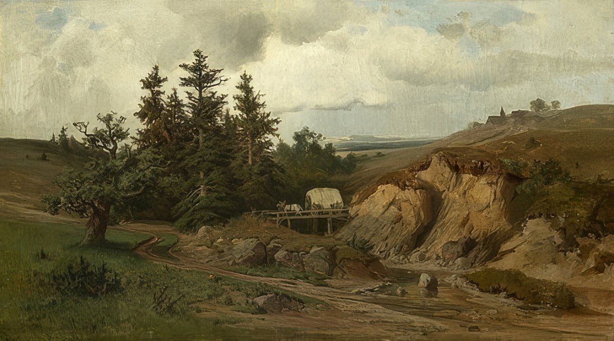 Landskap med en trebro. 1858 av Adolf Kosárek