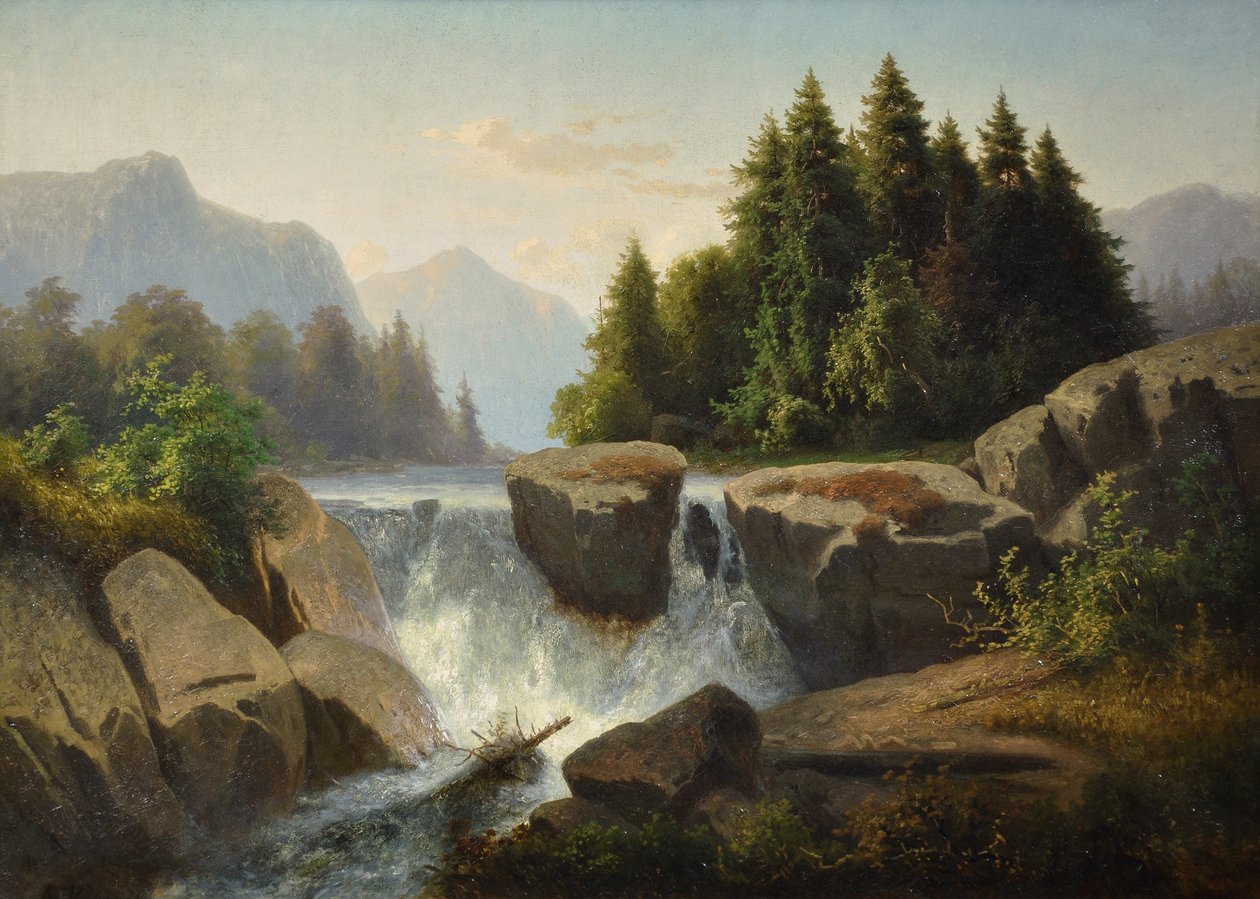 Fjelllandskap med foss, ca. 1853 av Adolf Kosárek