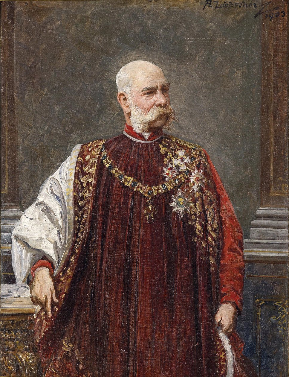 Portrett av Franz Joseph I av Østerrike som stormester i det gylne skinn, 1903 av Adolf Liebscher