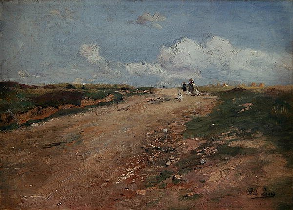 Landlig sti i Schwalm med en jente og gjess (olje på lerret) av Adolf Lins